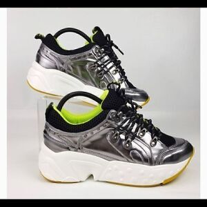 DKNY Avi Silver & Neon Green Platform Sneakers